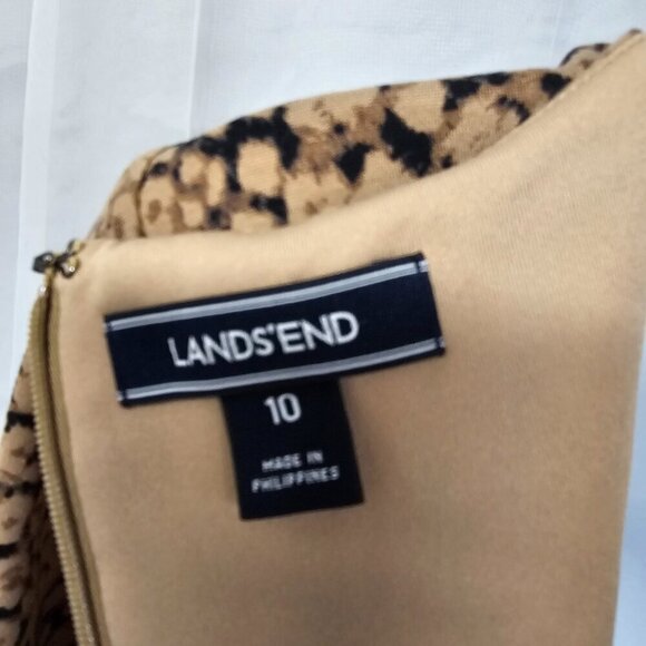 Lands" End Tan Black Animal Print Jersey Fit & Flare Dress Office Preppy 10 - Picture 12 of 15